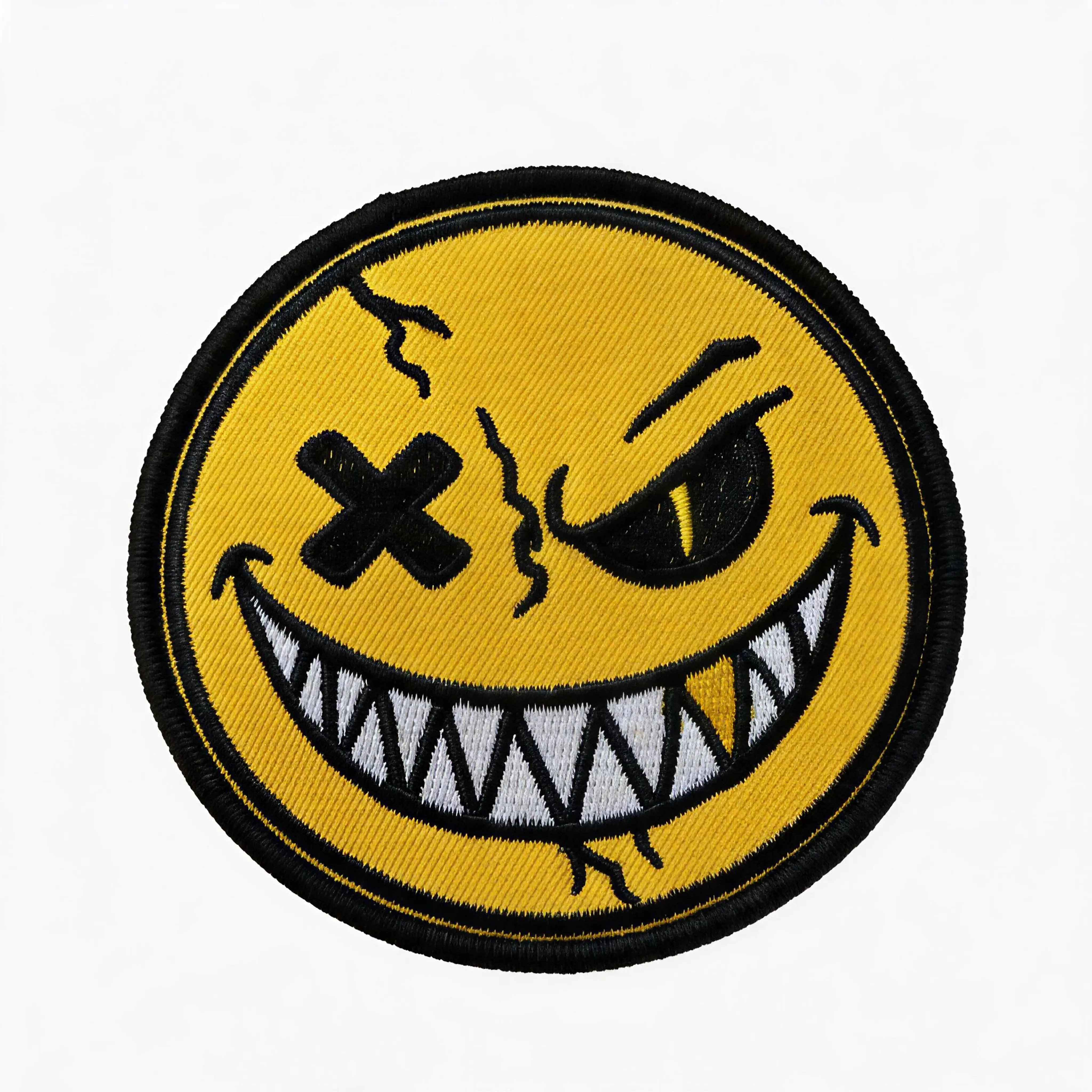 Polyester Embroidered Tactical Morale Patch - Yellow-Black Smiley Face Design, Hook-and-Loop Removable Velcro Badge, Custom Embroidered Fabric Patches for Gear & Backpack Decoration, Embroidery Patches