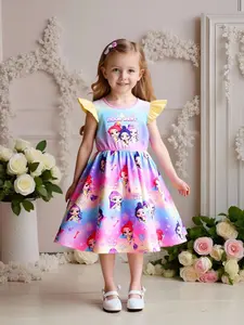 Girls Summer New Rainbow Gradient Printed Cartoon Princess Style Dress, Comfortable Cap Sleeve Dress for Daily Wear, Graphic Print Dress