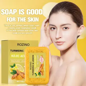ROZINO Turmeric Lemon Kojic Acid Soap 110g Brightening Cleansing Bar Reduces Dark Spots Evens Skin Tone Fades Hyperpigmentation Deep Cleans Moisturizes Antioxidant Antibacterial Formula Improves Skin Radiance For Face and Body
