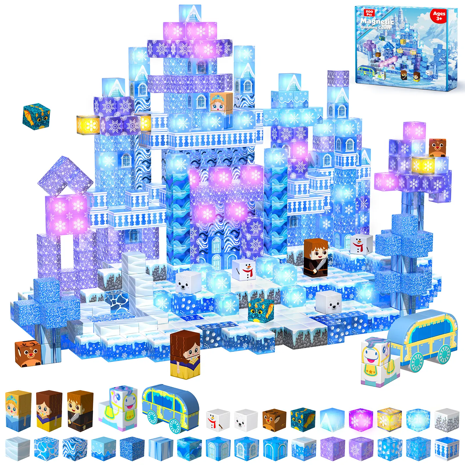 200 PCS Magnetic Blocks with Light Up Blocks - Transparent Magnetic Building Block for Kids Age 3+, Magnet Cubes Blue Castle, Magnets Toys Easter Birthday Gift Summervibes for Boys Girls 4 5 6 7 8 9 10 11 12+