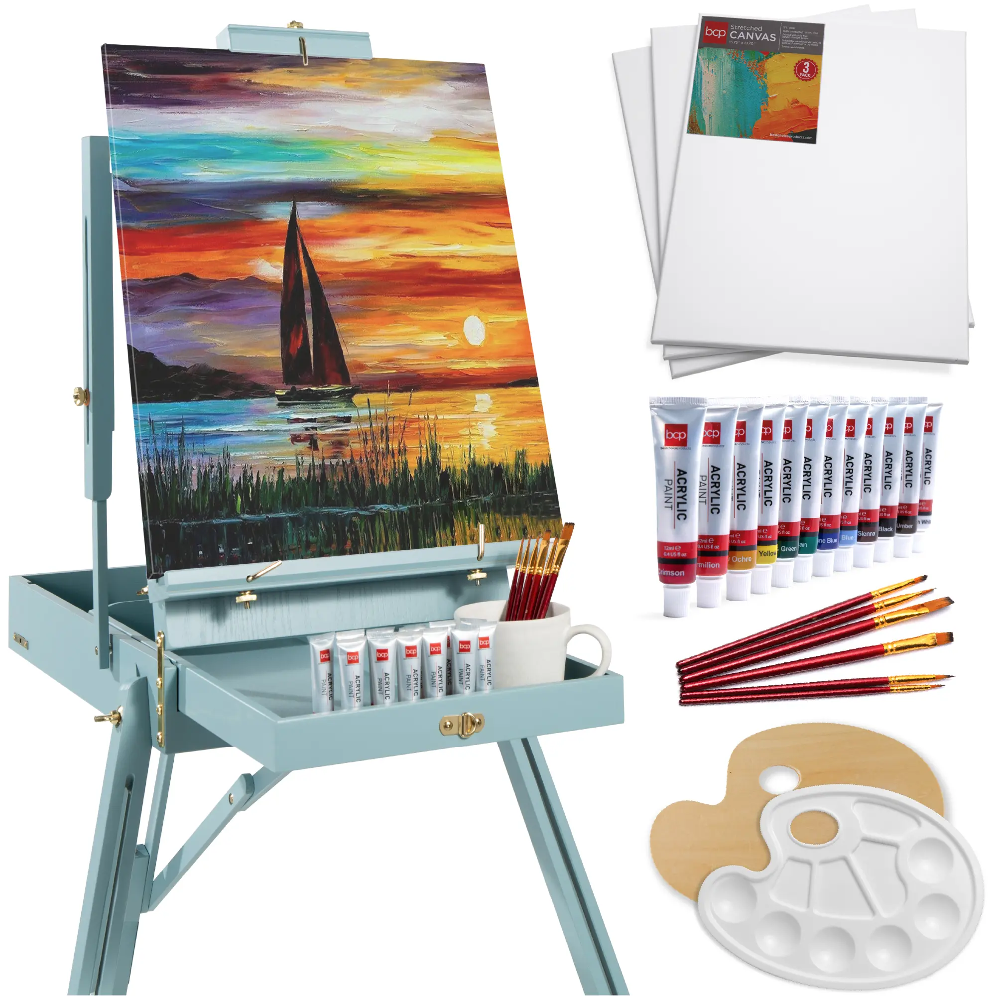 Best Choice Products French Easel, 32pc Beginners Kit Portable Wooden Adjustable Tripod  w/ Paint Supplies