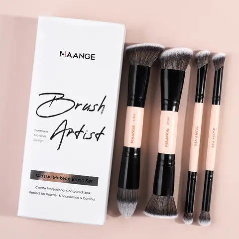 MAANGE Complexion Brush Set - 4-Piece Pink Black Full Face Kit with Soft Bristles: Kabuki, Blush, Blending, Eye Tools for Powder, Foundation Application, Contour, All Makeup Needs