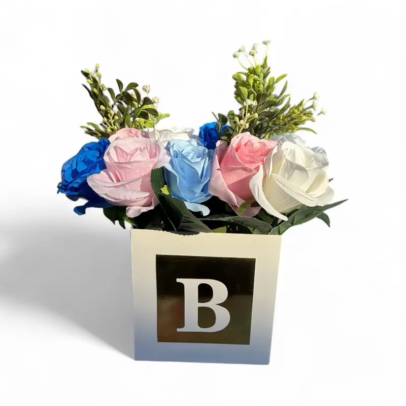 Gender reveal Gold Baby flower box centerpiece - Elegant Party Decor with Blue Pink and White Roses. Floral Decoration