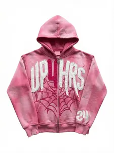 Mens Pink Zip Up Hoodie with Letter Applique & Spider Web Design Y2K Street Style Long Sleeve Sweatshirt Retro Gothic Rock 3D Print Couples Zip Hoodie Perfect Autumn Winter Gift