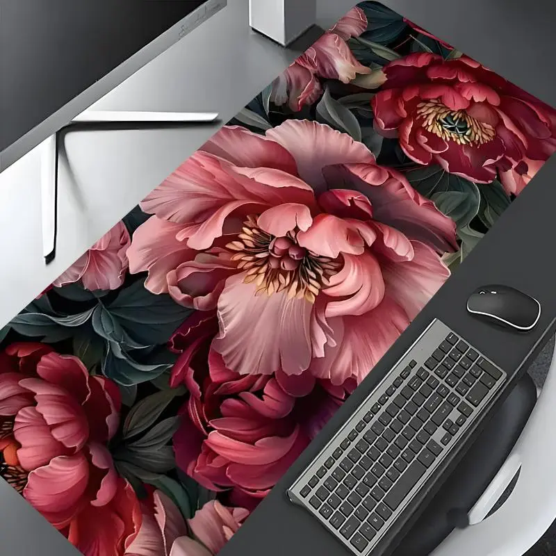 Vintage Peony Oil Painting Floral Art Large Game Mouse Pad, Gaming Mouse Pad, Desktop Decoration Protection Pad, Rubber Pad Non-slip Lock Edge Work Pad, multi-size mouse pad suitable for laptop, desktop computer games, work, family, good gift for boys