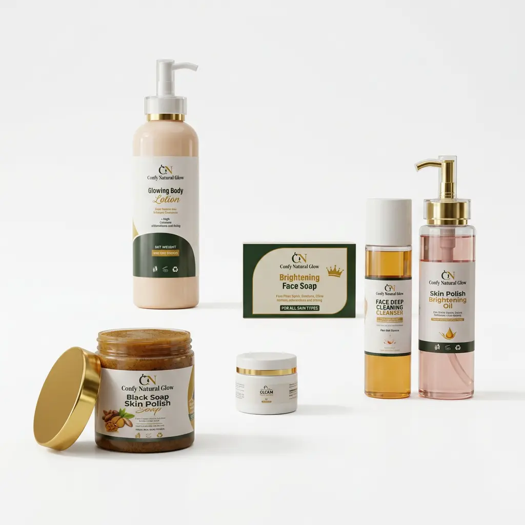Glowing Set of 6 Caramel Skin Skincare Bundle, Cleanser Cream Lotion Oil and Soap, Adult