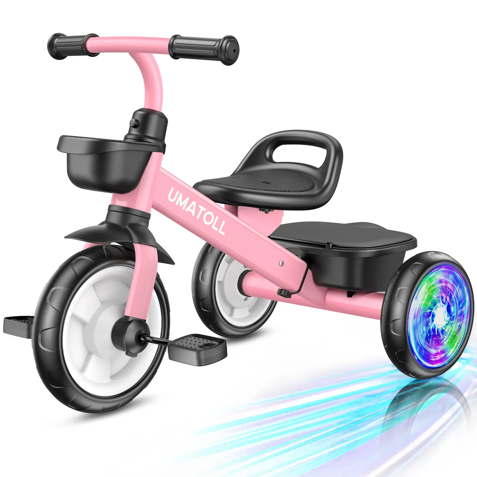 Umatoll Toddler Tricycle - 2-5 Year Old Boy Gifts, Adjustable Toy Trike Bike with Light-Up Ride-On Wheels, Durable Carbon Steel Frame & Dual Baskets for Outdoor Fun