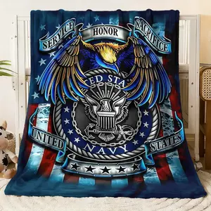 Eagle & US Navy Themed Lightweight Flannel Blanket - Soft Warm Plush Throw for Bed Couch, Patriotic Military Design with "Service Honor Sacrifice" Motto, USA Flag Stripes & Starry Background, Majestic Eag