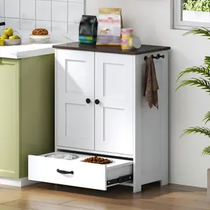 White Modern Dog Feeding Station – Hidden Bowl Cabinet with Adjustable Shelf & Storage, Ideal for Medium Dogs, Pet Feeding Station with Food/Accessory Storage