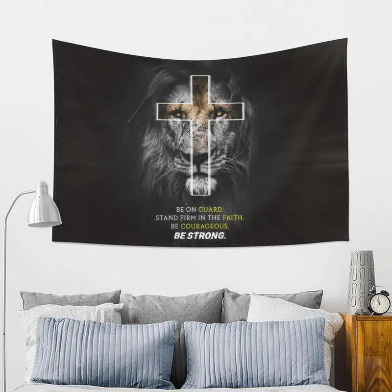 VIVACITE Inspirational Christian Wall Tapestry with Lion & Cross Design - "BE STRAPPED IN FAITH" 1 Corinthians, Serenity Prayer Decor for Bedroom & Living Room - Polyester, Black, No Power Needed, Bedroom Wall Decor |       Faith-themed Decor |       From