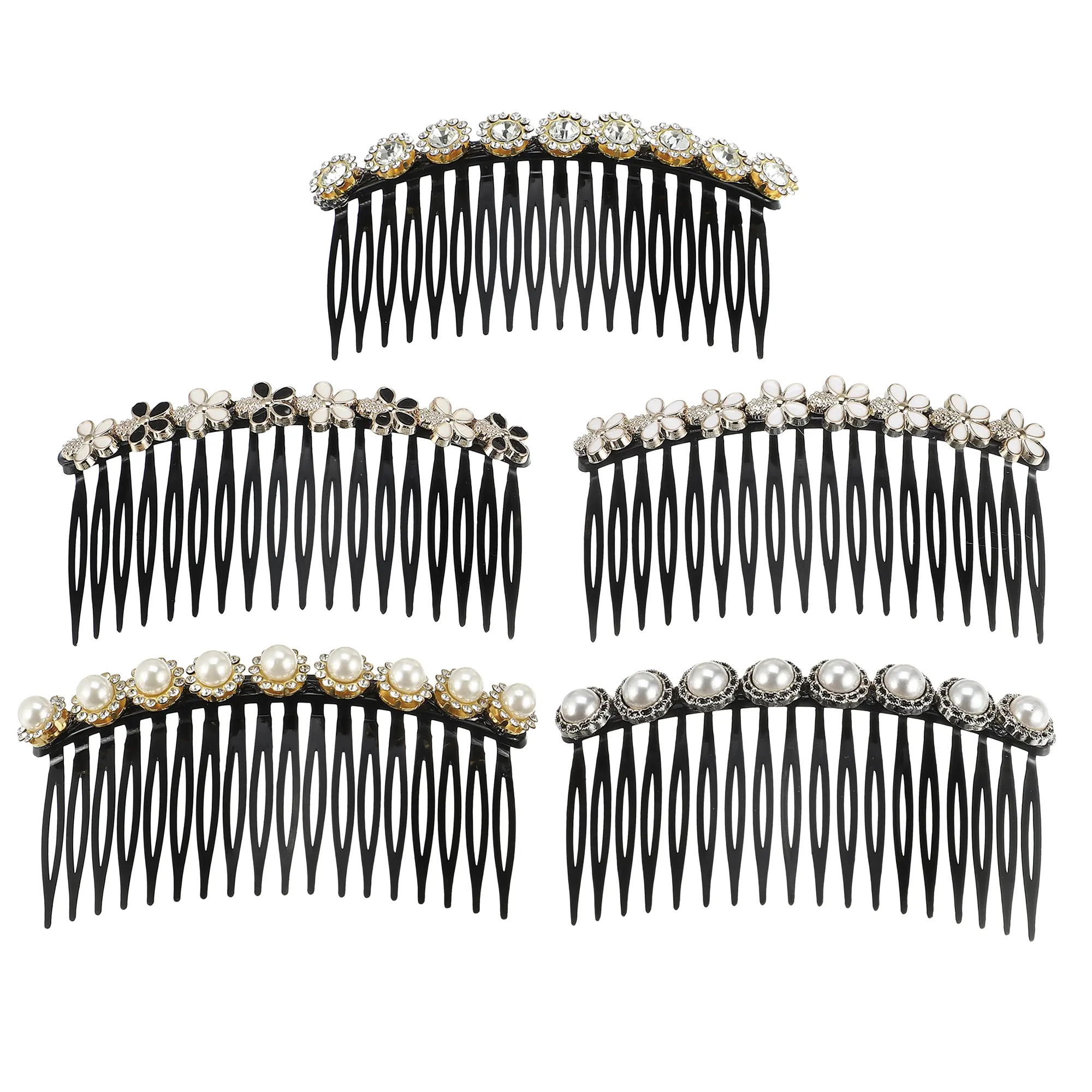 VOCOSTE 5pcs Rhinestone Side Hair Comb, 18 Wide Teeth Vintage Faux Pearl Side Hair Comb for Women, Bride, Black White