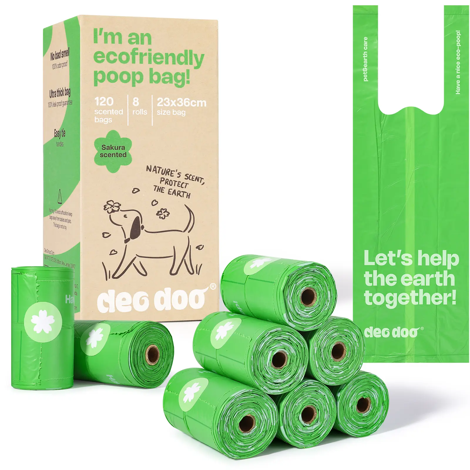 Cornstarch Dog Poop Bags with Easy Tie Handles, Sakura Scented Odor Seal, 120 Counts (8 Refill Rolls) - Leakproof, Extra Thick, Waterproof, 50% Recycled Material, Clean Hands Design for Dogs & Cats (Earth-Friendly)