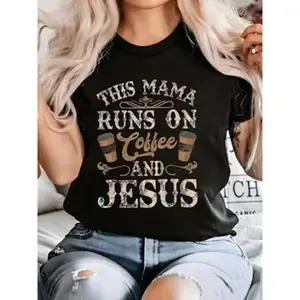 Women's Coffee And Jesus Print Short Sleeve Crew Neck 100% Cotton Casual Top Womenswear Streetwear casual  outfits  women beautiful  clothes