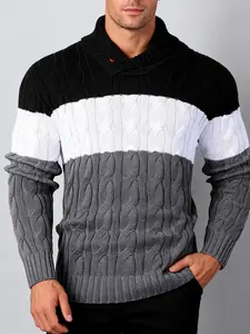 Men's Fall Outfit: Black, White, and Gray Color-Block Chunky Cable-Knit Long Sleeve Sweater with Two-Button Collar, Warm and Comfortable for Commuting, Daily Wear, and Home Lounging, Men's Pullover Sweater Knitwear, Knitted Sweater
