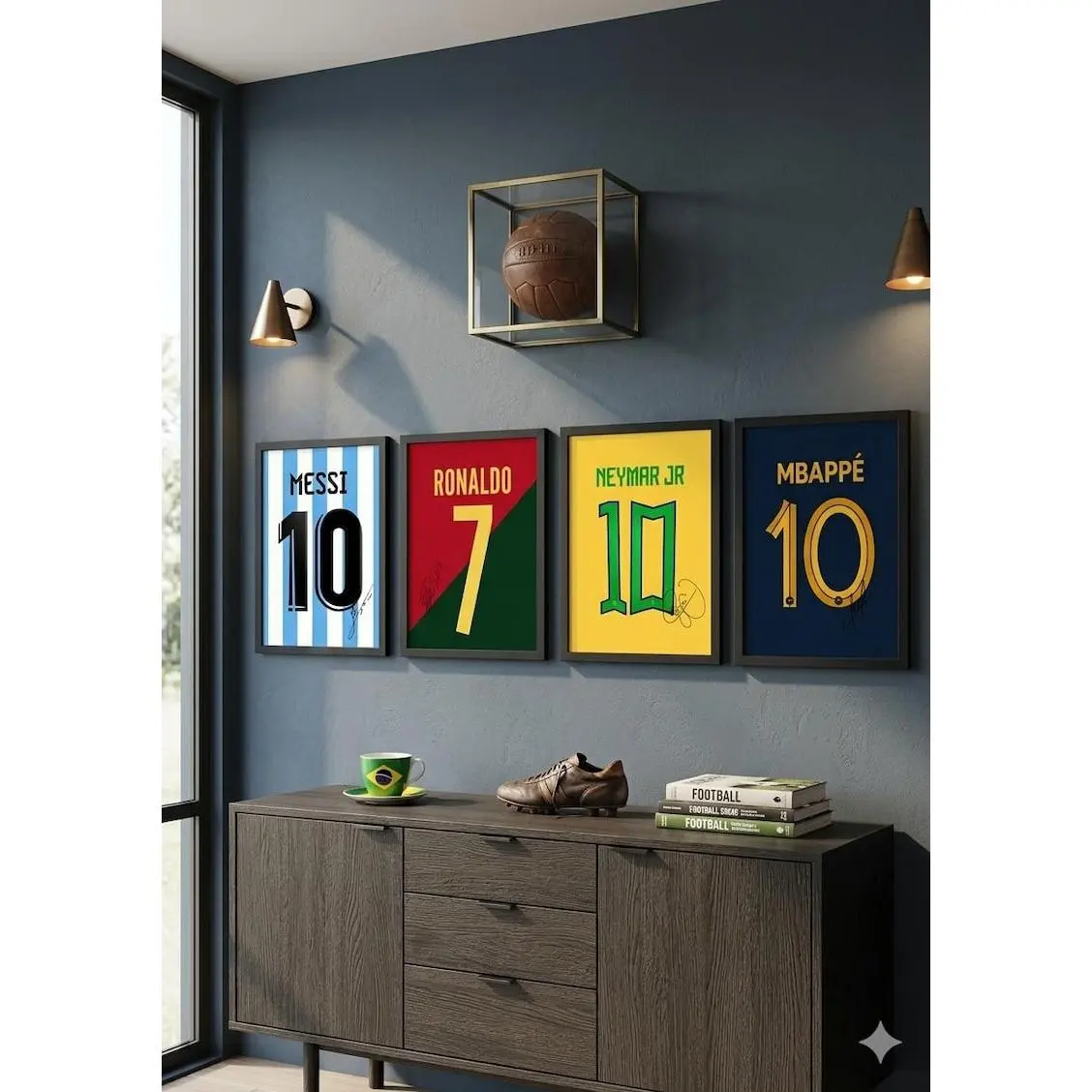 Football Legends Wall Art Set, Messi Ronaldo Neymar Mbappé Jersey Prints
