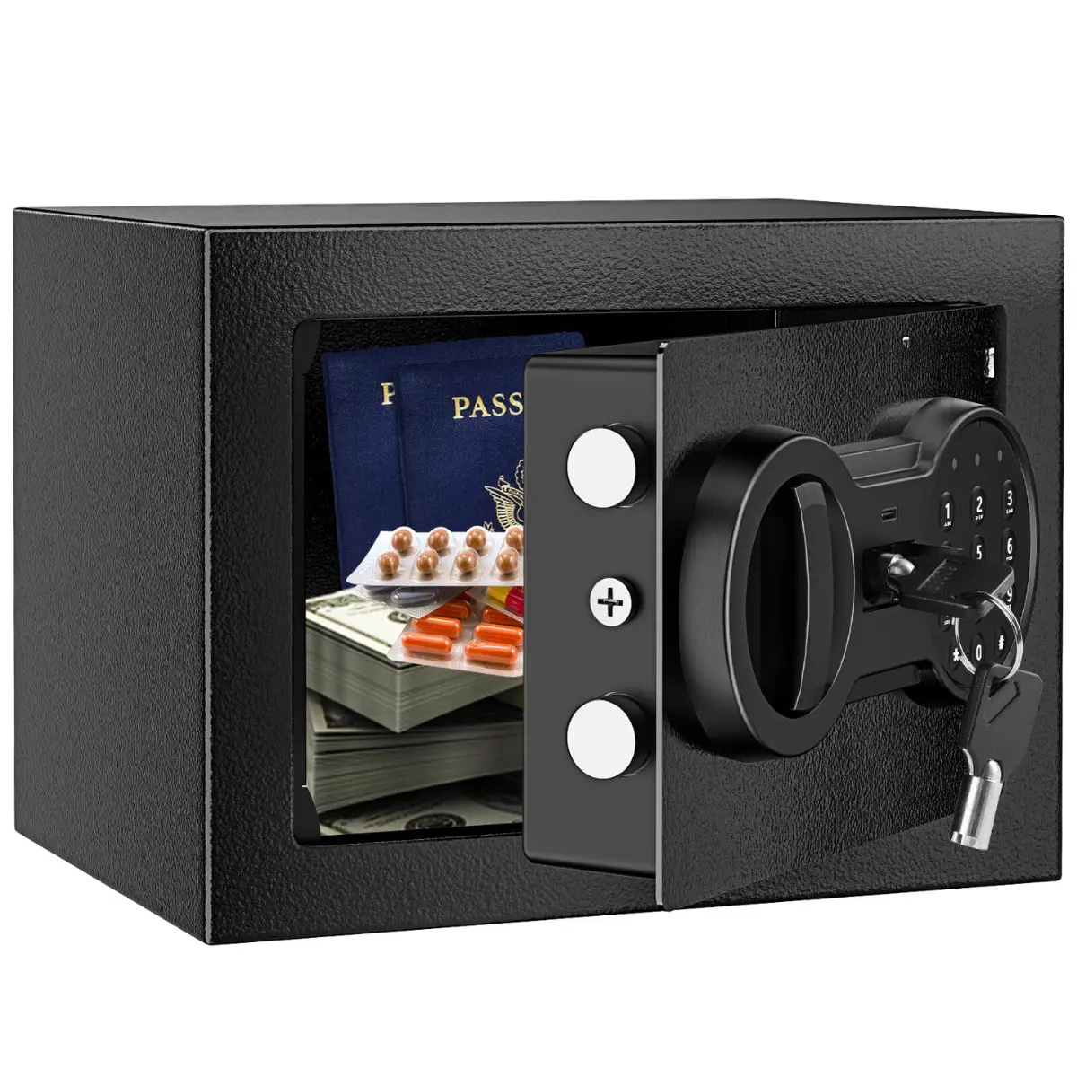 Compact Smart Steel Security Safe Lock Box - 2 Ways to Open, Key Lock & Keypad, 6.69x6.69x9.06in, for Office Desk & Home Use, with 1 Floor Mat