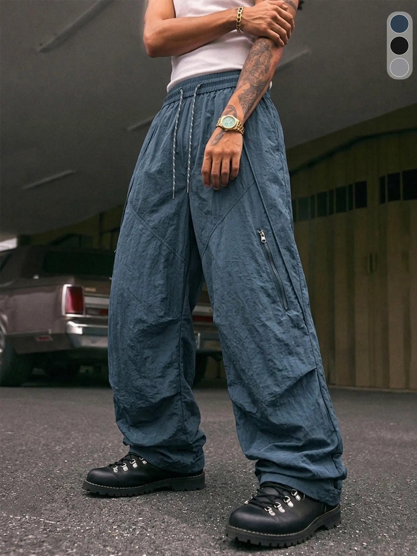 Men’s cargo wide-leg pants with elastic waistband and drawstring, multiple pockets, parachute pants style; lightweight, breathable, quick-dry summer casual long pants; loose straight cut, American high-street/streetwear style; versatile outdoor workwear a