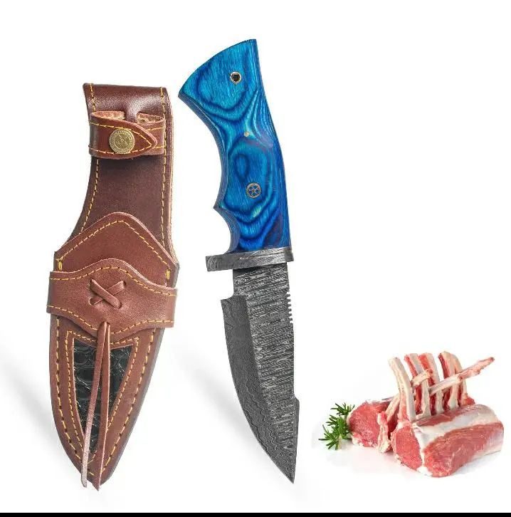 10 Inch Real Damascus Steel Steak Knife With Leather Sheath Viking Outdoor Chef Kitchen Knife Camping Hunting Knife Butcher Knife Best Gift