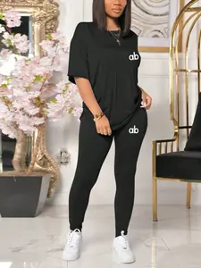 Women's Round Neck Short Sleeve T-Shirt Set, Fun Design, Yoga Multifunctional Tight Sports Pants, Elastic Knit Fabric, Casual & Sporty Style