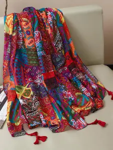 Colorblock Print Scarf, Boho Style Shawl for Women & Men, Fashion Accessories for Daily Wear, Trendy All-match & Exquisite Scarf for Birthday Gift, Floral Print Scarf