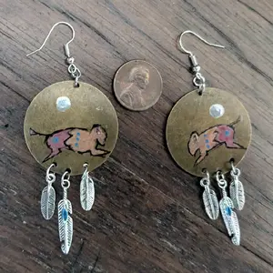Hand-Painted Bronze Native American Buffalo Earrings with Silver Feather Charms