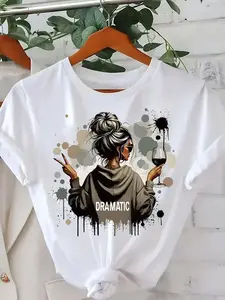Women's Casual Short Sleeve TShirt Artistic Dramatic Print with Elegant Female Illustration  Regular Fit Round Neck Tee Machine Washable All-Season Top for Unique Fashion Statements Black Cotton shirts  women