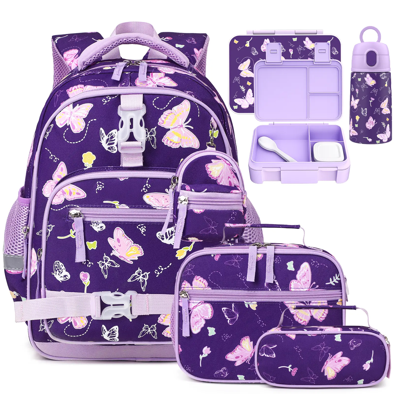 SIMILOVE 5-Piece Butterfly Backpack Set for Girls (Ages 5-8) - Cute Glow-in-the-Dark 15-in Backpacks for School, Safe Materials Lunch Bag & Pencil Case, School Days & Preschool Graduation Gift for Elementary Students