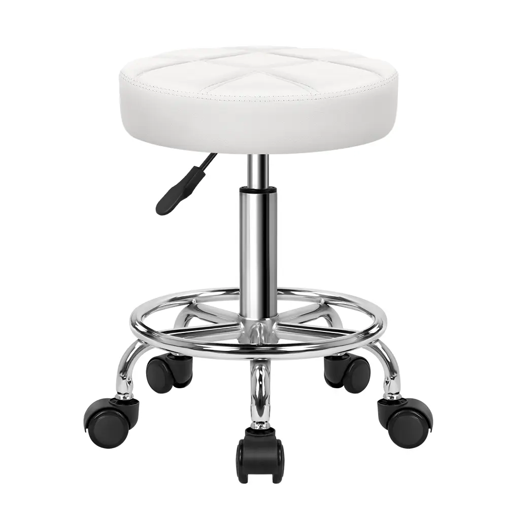 KKTONER Modern PU Leather Round Rolling Stool Chair - Office Furniture, Adjustable, 360-Degree Rotation, Wheeled, Compact, Assembly Required, for Home Office, SPA Shop (White)