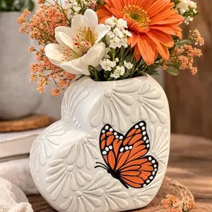 Handmade White Heart Shaped Flower Vase With Monarch Butterfly Print for Elegant Home Decor