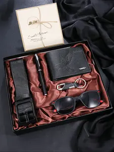 Men's Classic Belt Set with Glasses, Wallet, Pen, Keychain, Greeting Card, Perfect Gift for Father's Day, Thanksgiving, Christmas, Birthday, Deluxe Gift Box
