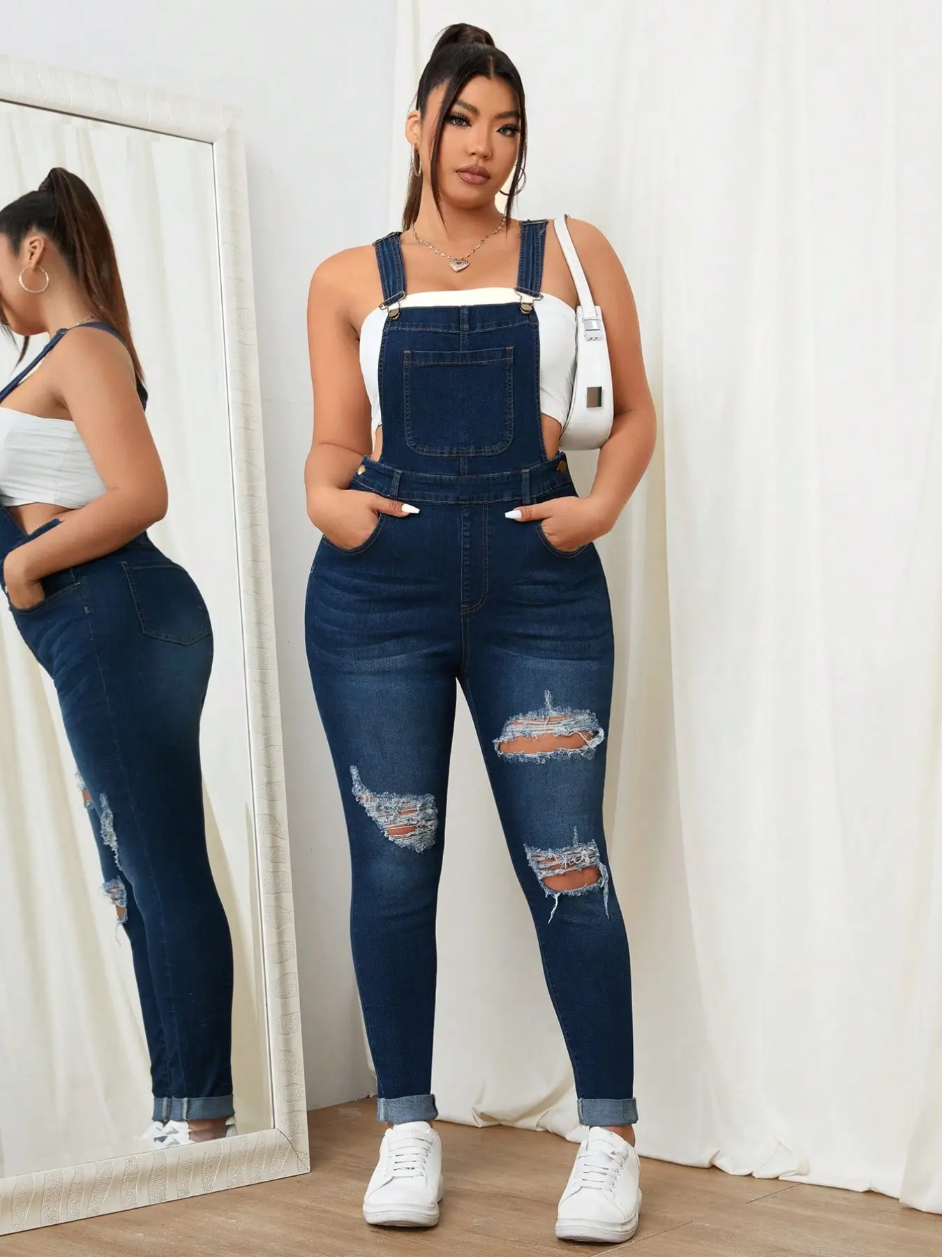 Women's Bohemian Ripped Denim Strap Jumpsuit, Slim Fit Dark-Wash Overall for Casual Daily Wear