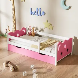 Kid's Bed Frame with star and moon decorate, Wood and bamboo Frames for Toddler Girls , 8 Slats Support, No Box Spring Needed, Easy Assembly
