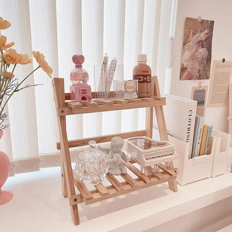 Wooden Double-Layer Desktop Storage Rack - 1 Count Home Office Desk Organizer, Room Display Shelf for Home Decor