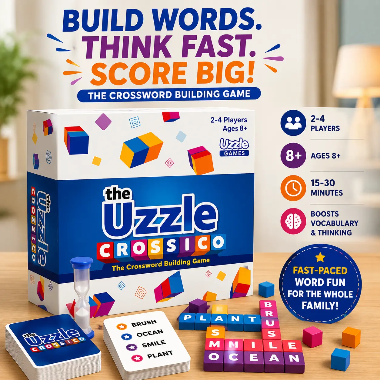 The Uzzle Games Crossico – Crossword Building Word Game for Kids & Family | Ages 8+ | Fast-Paced Word Puzzle Game