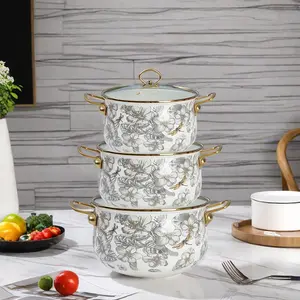 Floral Pattern Stockpot with Lid & Handle, 1 Count Multifunctional Thickened Double Ear Stockpot, Kitchen Durable Cookware for Home Dining, Holiday Party Pot