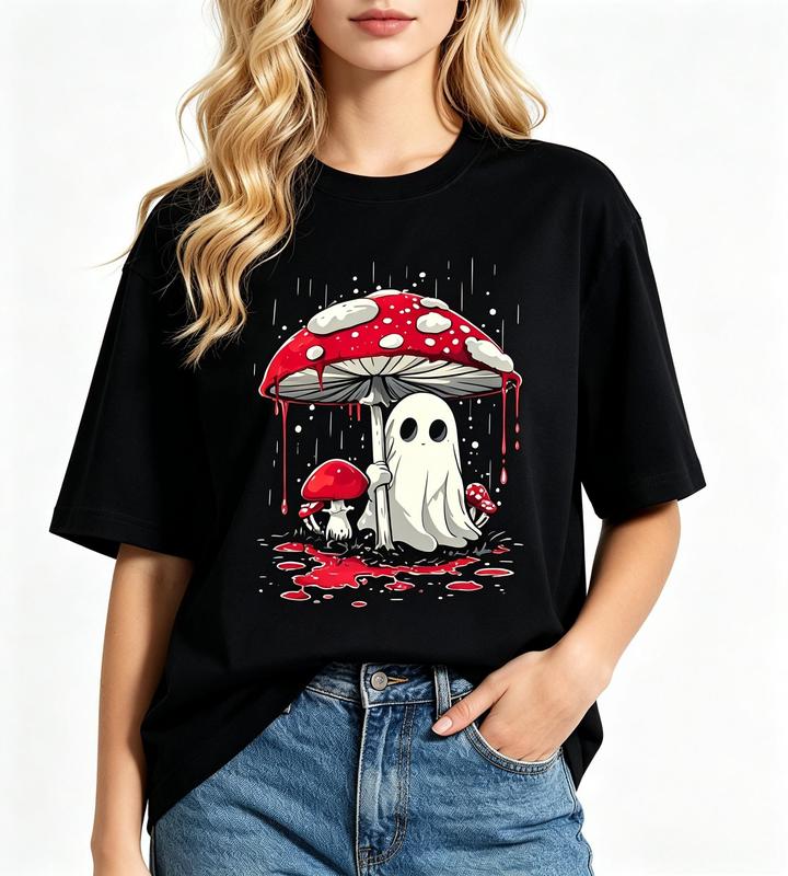 Women's Ultra-Soft Pure Cotton Crew Neck Short Sleeve Tee, Cute Ghost & Mushroom Umbrella Halloween Graphic Print Shirt, Machine Washable