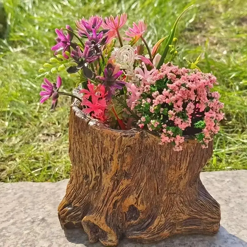 Vintage Resin Tree Stump Planter, Rustic Garden Pot for Patio and Lawn Display, Durable Outdoor Flower Container with Natural Wood Texture Details, Planter Pots for Outdoor Plants, Outdoor Planter Box