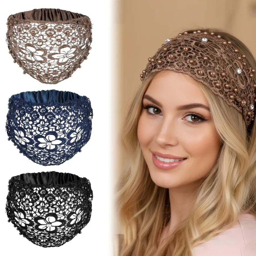 3pcs Boho-Chic Crystal & Pearl Embellished Wide Headbands, Wide Boho Pearl Headband for Wome, Floral Beaded Lace Elastic Headband Suitable for Daily Wear and Weddings Stylingvarious Holidays