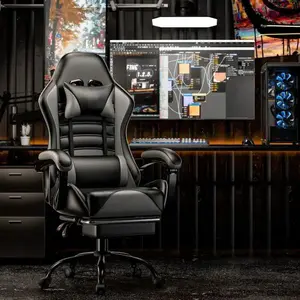 Ergonomic Racing Gaming Chair with Retractable Footrest Premium Leather Multi-Position Reclining 360° Swivel Smooth Casters for Ultimate Comfort