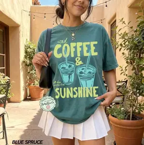 Comfort Colors Iced Coffee And Sunshine Coffee Lover Summer Graphic T-shirt Premium Soft Feel Garment-Dyed Vintage Cotton Tee Made In The USA