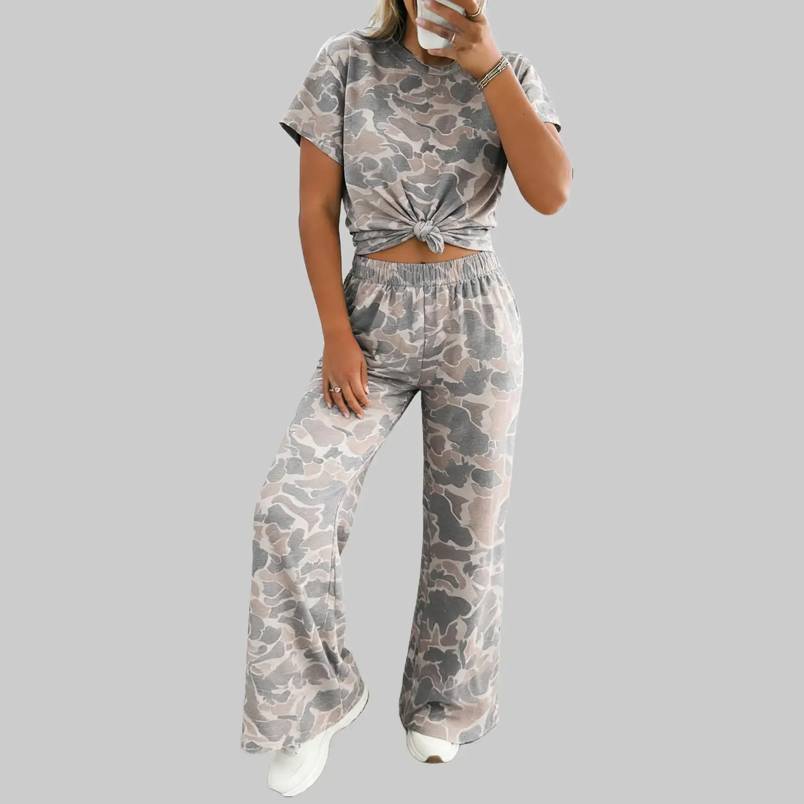 Women's Plus Size 2-Piece Retro Camouflage Matching Loungewear Set - Oversized Fit Crew Neck Shortsleeve Top, Elastic Wide-Leg Pants, Breathable Stretchy Polyester Tracksuit for Casual Wear,back to school,back to school shopping, Comfy