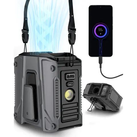 [FrSara] Belt Clip Portable Belt Fan Rechargeable - 14500mAh USB Rechargeable, 5-Speed Adjustable Cooling, LED Light, 16H Runtime, Power Bank Function, Lanyard, Outdoor Battery Operated, Cool Gifts for Guys