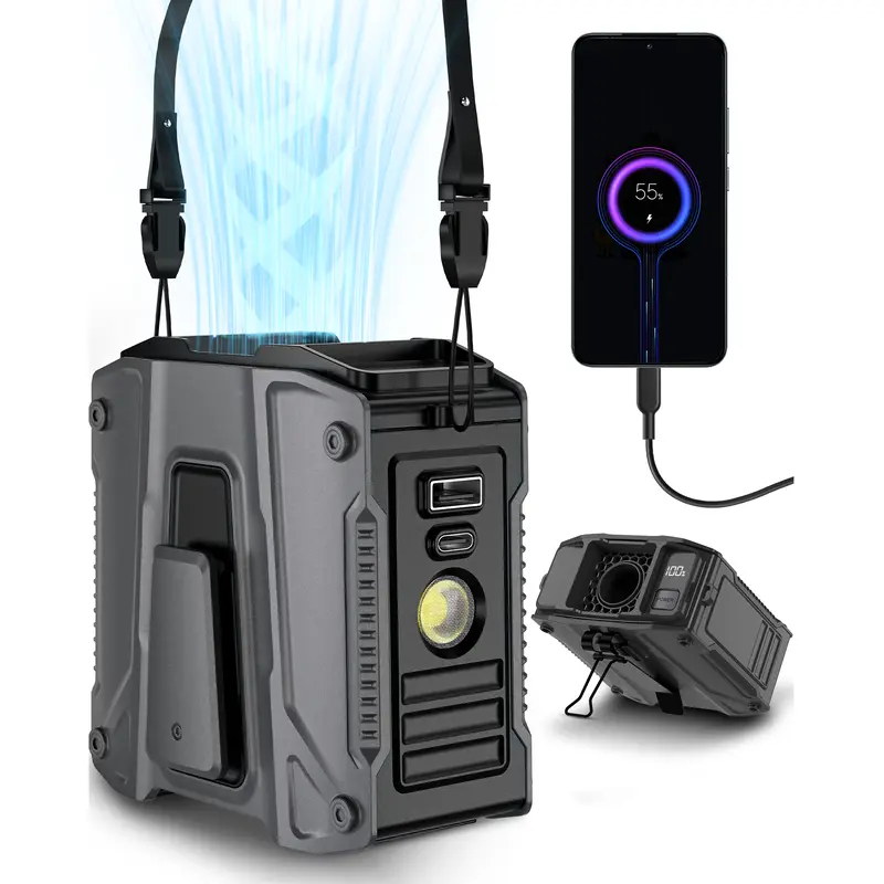 [FrSara] Belt Clip Portable Belt Fan Rechargeable - 14500mAh USB Rechargeable, 5-Speed Adjustable Cooling, LED Light, 16H Runtime, Power Bank Function, Lanyard, Outdoor Battery Operated, Cool Gifts for Guys