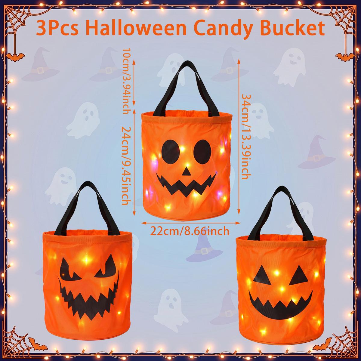 3/4 Pcs Halloween Candy Bucket with LED Lights, 13.39x8.66 Inch Trick or Treat Bags Non Woven Gift Bags Pumpkin Candy Bags Reusable Tote Bags for  Kids Students Adults, Night Light Bags for Garden Lawn Decorations, Halloween Christmas Party Favor Supplies