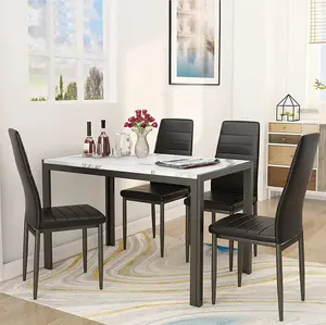 AWQM Marble Dining Table Set for 4 - Rectangular Faux Marble Table with 4 PU Leather Chairs, 5-Piece Kitchen Set, Ideal for Dining Room