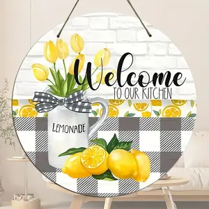 Rustic Vintage Wooden Welcome Sign, Round Lemon & Tulip Design Wall Hanging Decor, Home Entrance Holiday Kitchen Door Plaque, Home Decoration