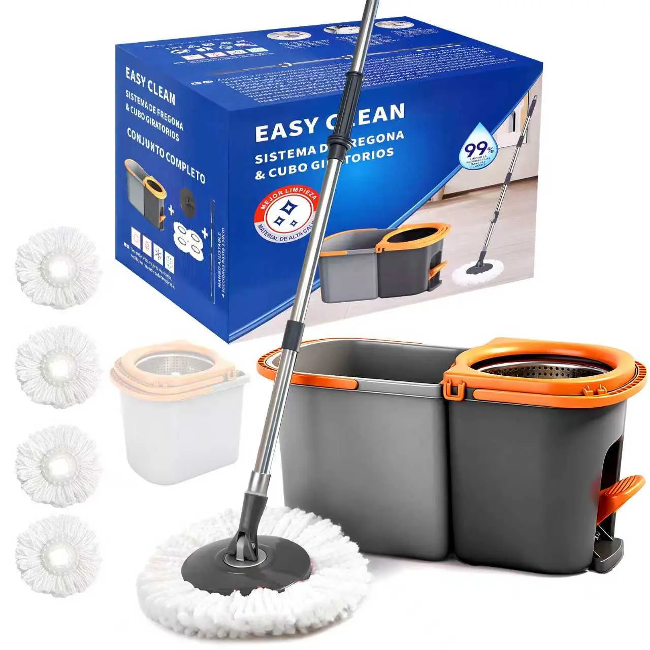 Spin Mop and Bucket Set,Detachable Double Buckets Separate Dirty Water with Stainless Steel Wringer for Floor Cleaning,Cleaning Buckets with 4 Mop Head Replacements for Household Use Cotton Lightweight