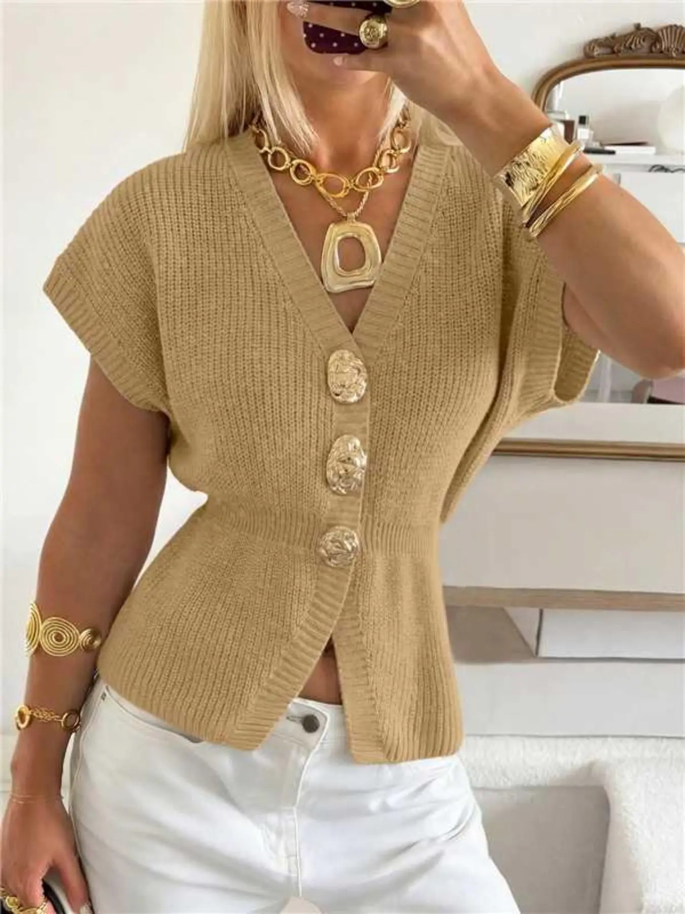Women's Waist-Cropped Knit Vest Vneck, French Vintage Metal Button Sleeveless Jacket, Slimming Elegant Chic Casual Top, Daily Commute Dating Spring Fall Style
