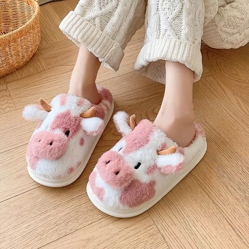 Women's 3D Cow Design Slip-On Slippers - Polyester Plush, Warm, Lightweight, Soft, Thick-Sole, Anti-Slip, Deodorant, Tile Floor Grip, Autumn Winter Casual Fashion Footwear, Cartoon Gifts, Soft Cushioned, Indoor Slide, Slumber, Couch Slippers, Soft Cushion