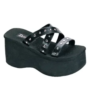 Demonia FUNN-19 Black Platform Sandals with Studded Straps